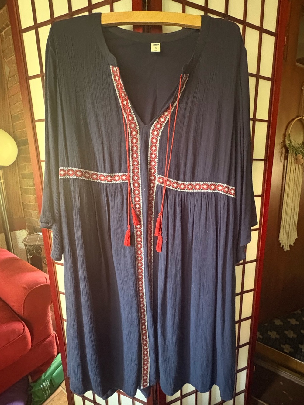 Old Navy Navy Midi Dress with Red Embroidered Trim
